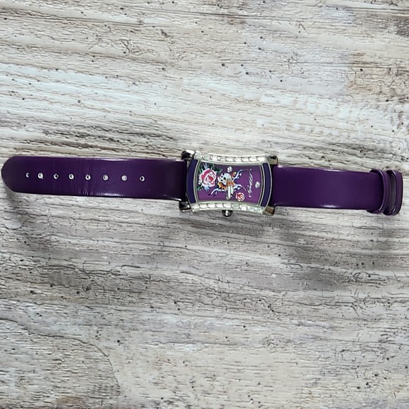 Ed Hardy Womens Watch Purple Leather Skull Butterfly Rose Rhinestone Y2K Quartz main image 7